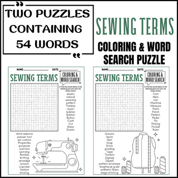 Sewing terms coloring word search puzzle worksheets activities