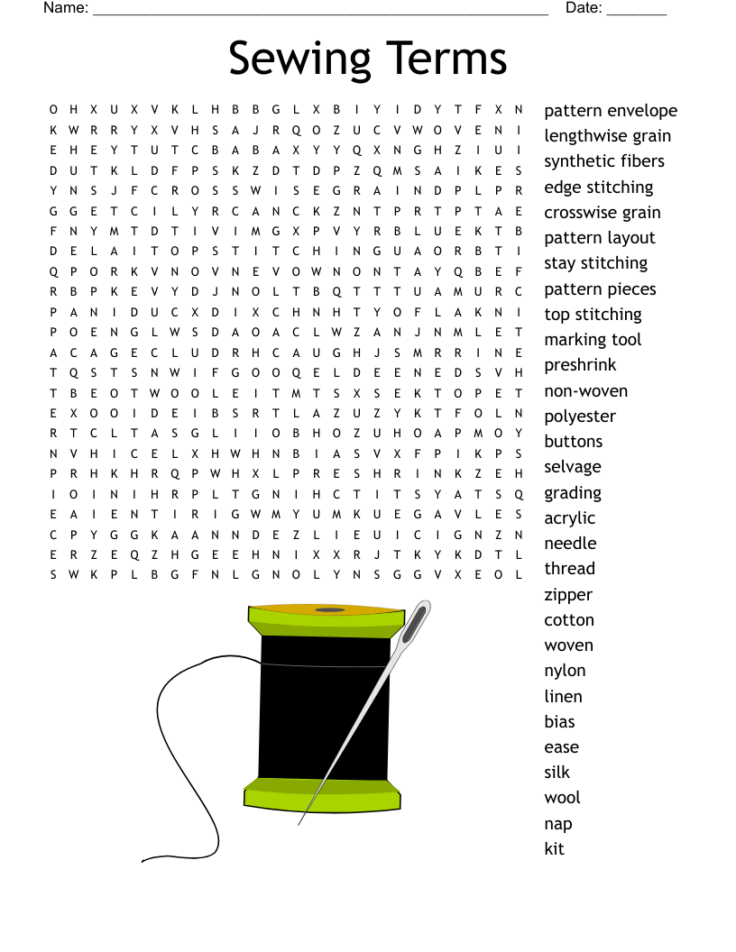 Sewing terms word search