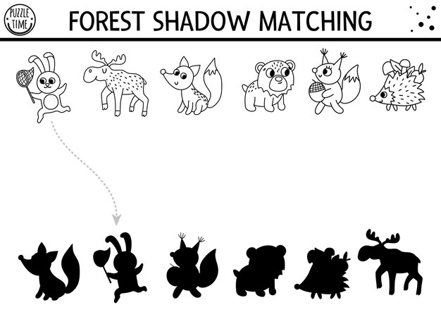 Premium vector forest or camping black and white shadow matching activity with cute animals road trip outline puzzle with moose fox bear rabbit find the correct silhouette printable worksheet or coloring