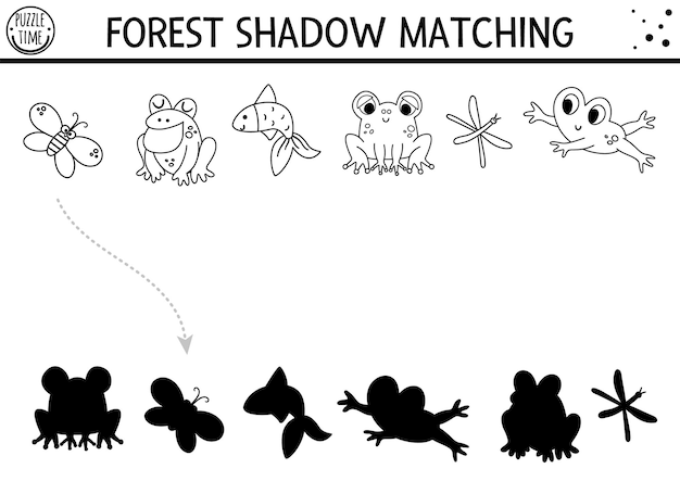 Premium vector forest or camping black and white shadow matching activity with cute animals road trip outline puzzle with frogs fish butterfly find the correct silhouette printable worksheet coloring page xa