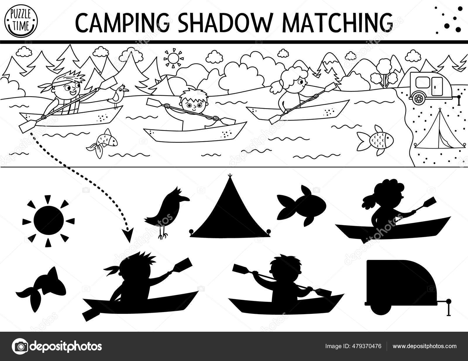 Summer camp black white shadow matching activity cute children boats stock vector by lexiclaus