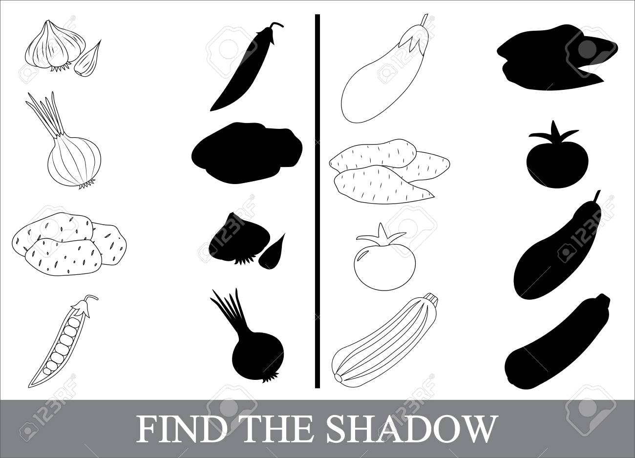 Educational game for kids find the correct shadow coloring book vegetables vector illustration royalty free svg cliparts vectors and stock illustration image