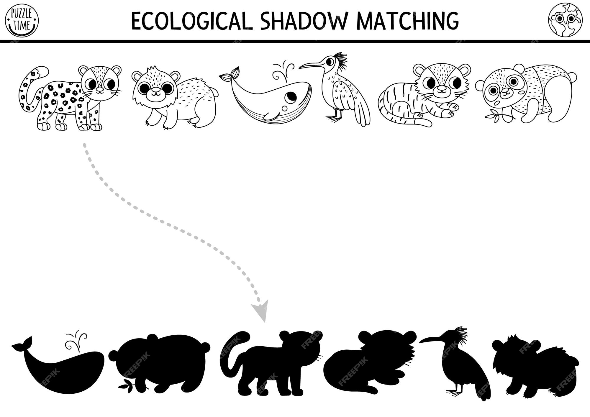 Premium vector ecological z black and white shadow matching activity with endangered species earth day puzzle find correct silhouette printable worksheet or game eco awareness coloring page for kidsxa