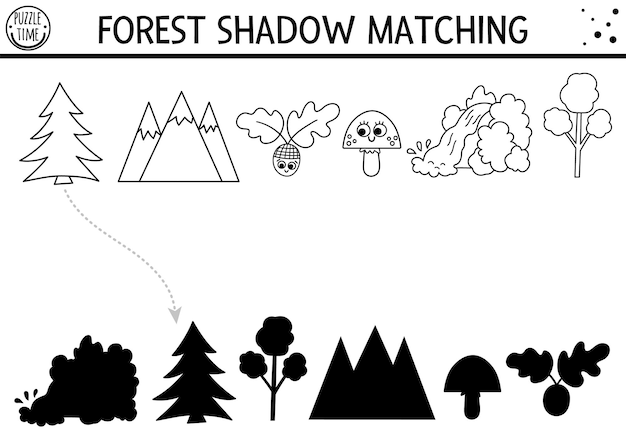 Premium vector forest or camping black and white shadow matching activity with nature elements road trip outline puzzle with mountains find the correct silhouette printable worksheet or coloring page xa