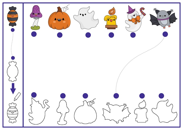 Premium vector halloween shape matching coloring and drawing activity autumn holiday puzzle with cute kawaii ghost pumpkin bat find correct silhouette printable worksheet all saints day page for kids