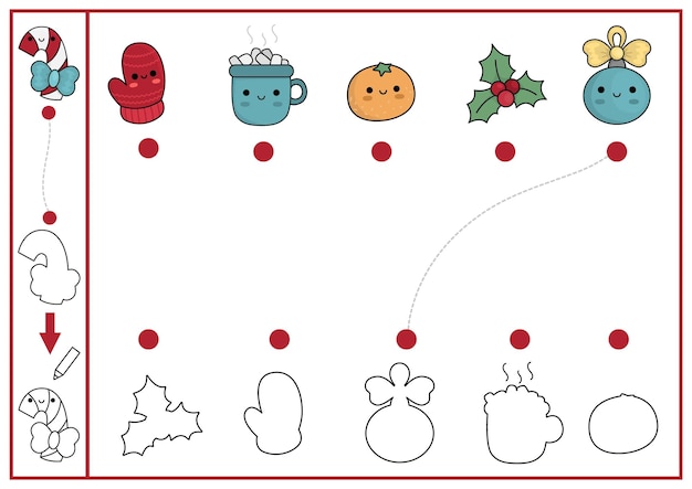 Premium vector christmas shape matching coloring and drawing activity winter holiday puzzle with cute kawaii mitten orange find correct silhouette printable worksheet new year page for kids