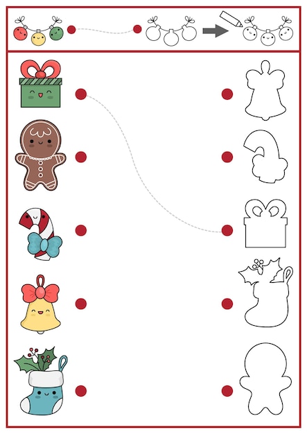 Premium vector christmas shape matching coloring and drawing activity winter holiday puzzle with cute kawaii gingerbread present find correct silhouette printable worksheet new year page for kids