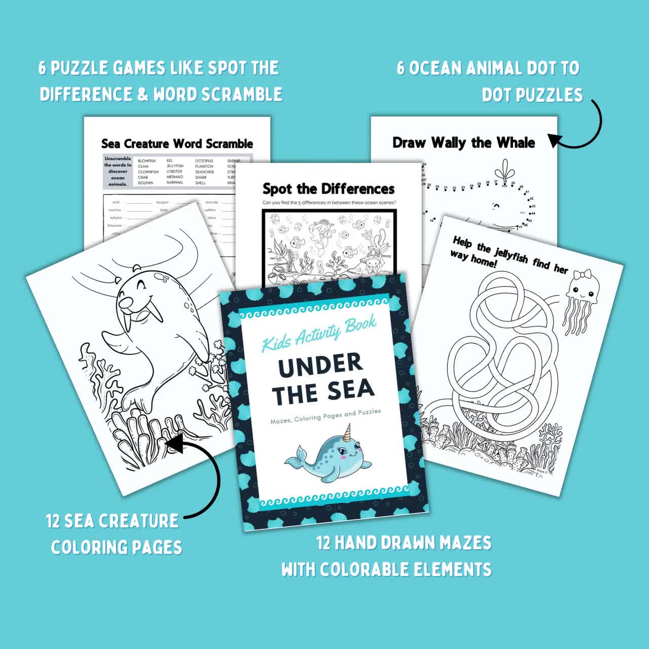 Under the sea kids activity book hand drawn mazes coloring pages puzzles ocean animals page instant download printable