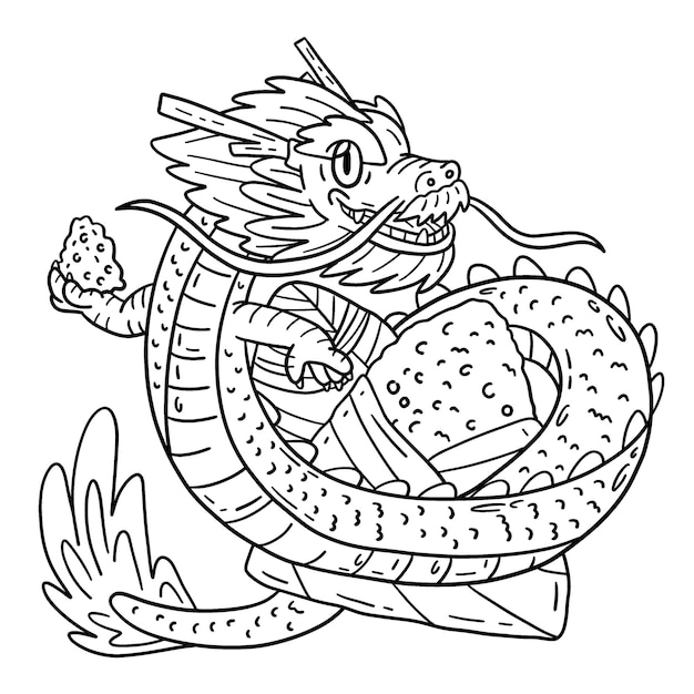 Premium vector a cute and funny coloring page of a dragon and bamboo rice cake provides hours of coloring fun for children color this page is very easy suitable for little