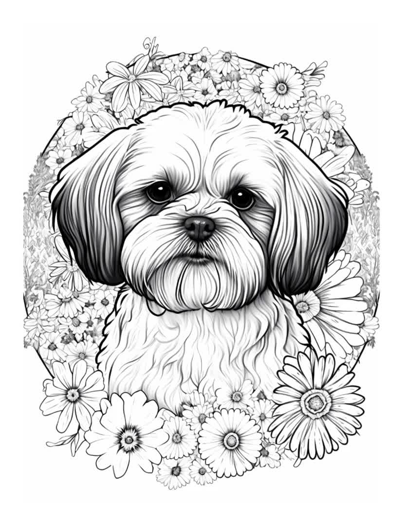Printable digital coloring book for kids and adults animal greyscale shih tzu dog perfect gift for her and him pdf coloring books