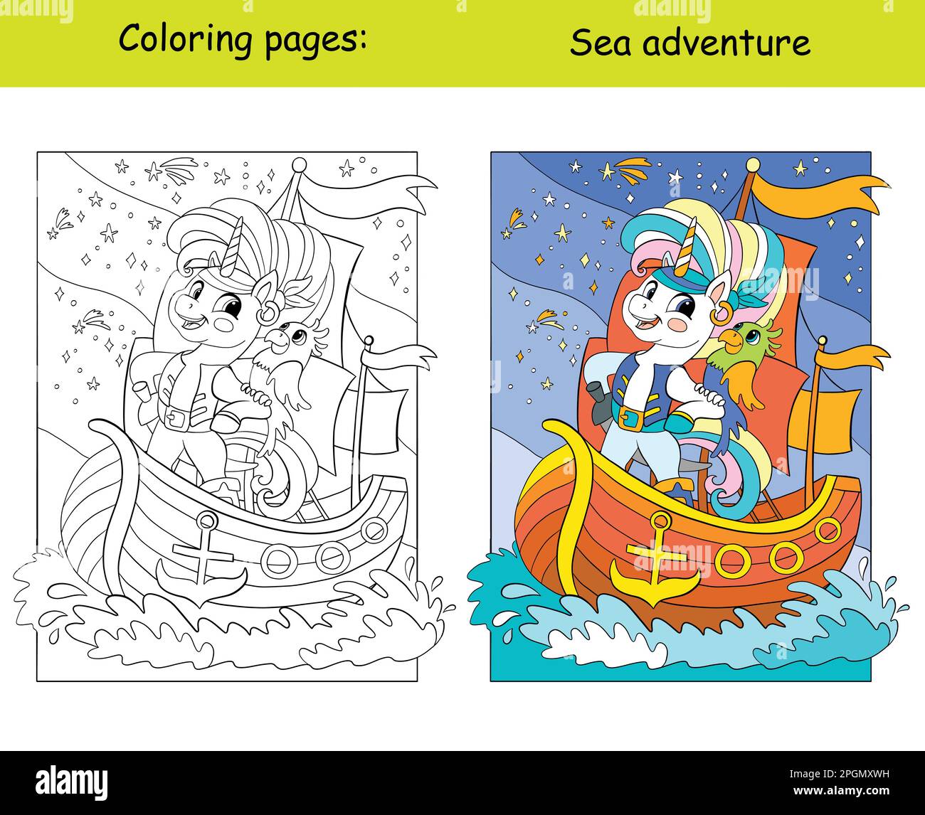 Cute brave unicorn sailor pirate travels on his ship cartoon vector illustration kids coloring book page with color template for coloring educatio stock vector image art