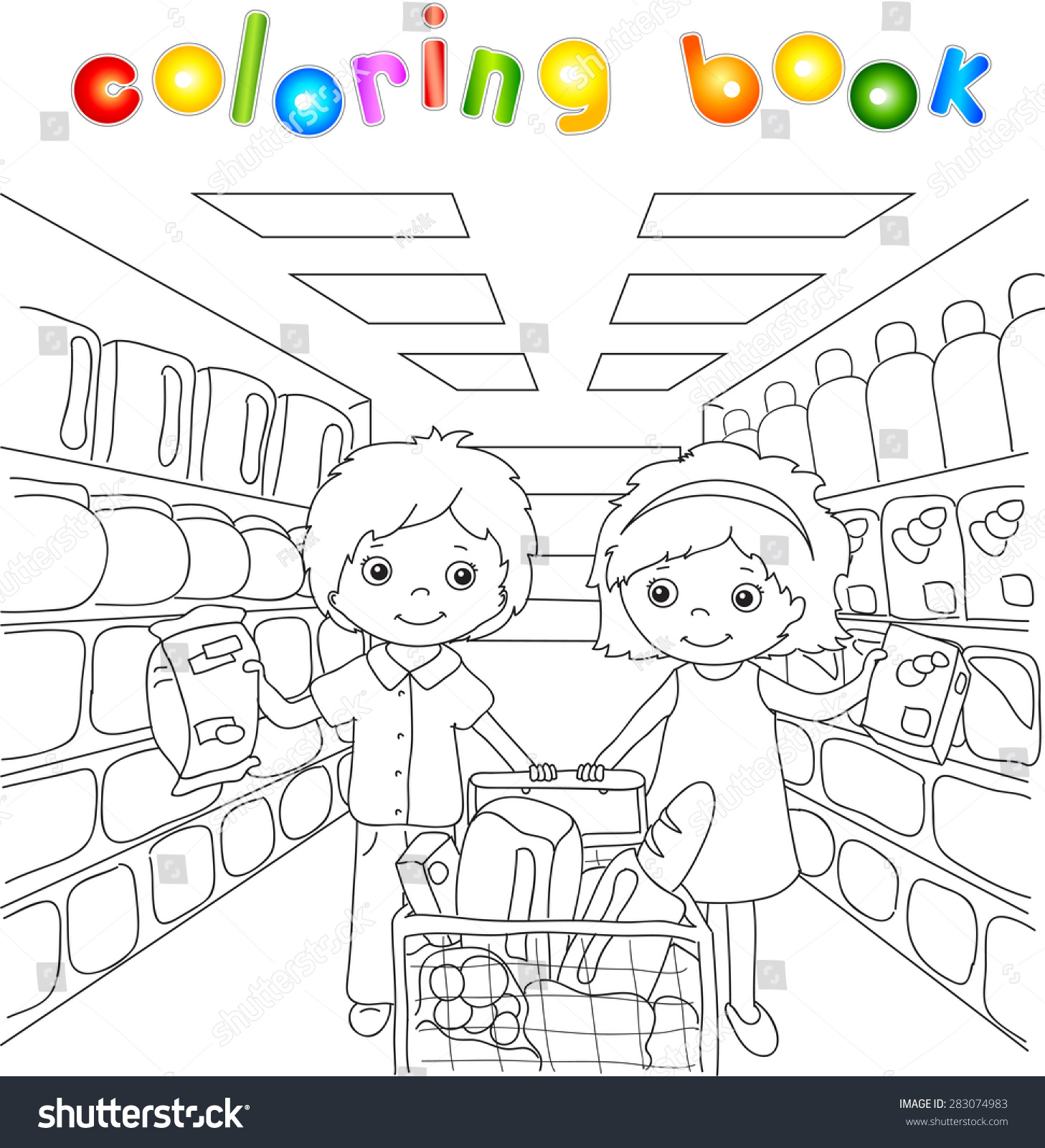 Boy girl shopping store coloring book stock vector royalty free