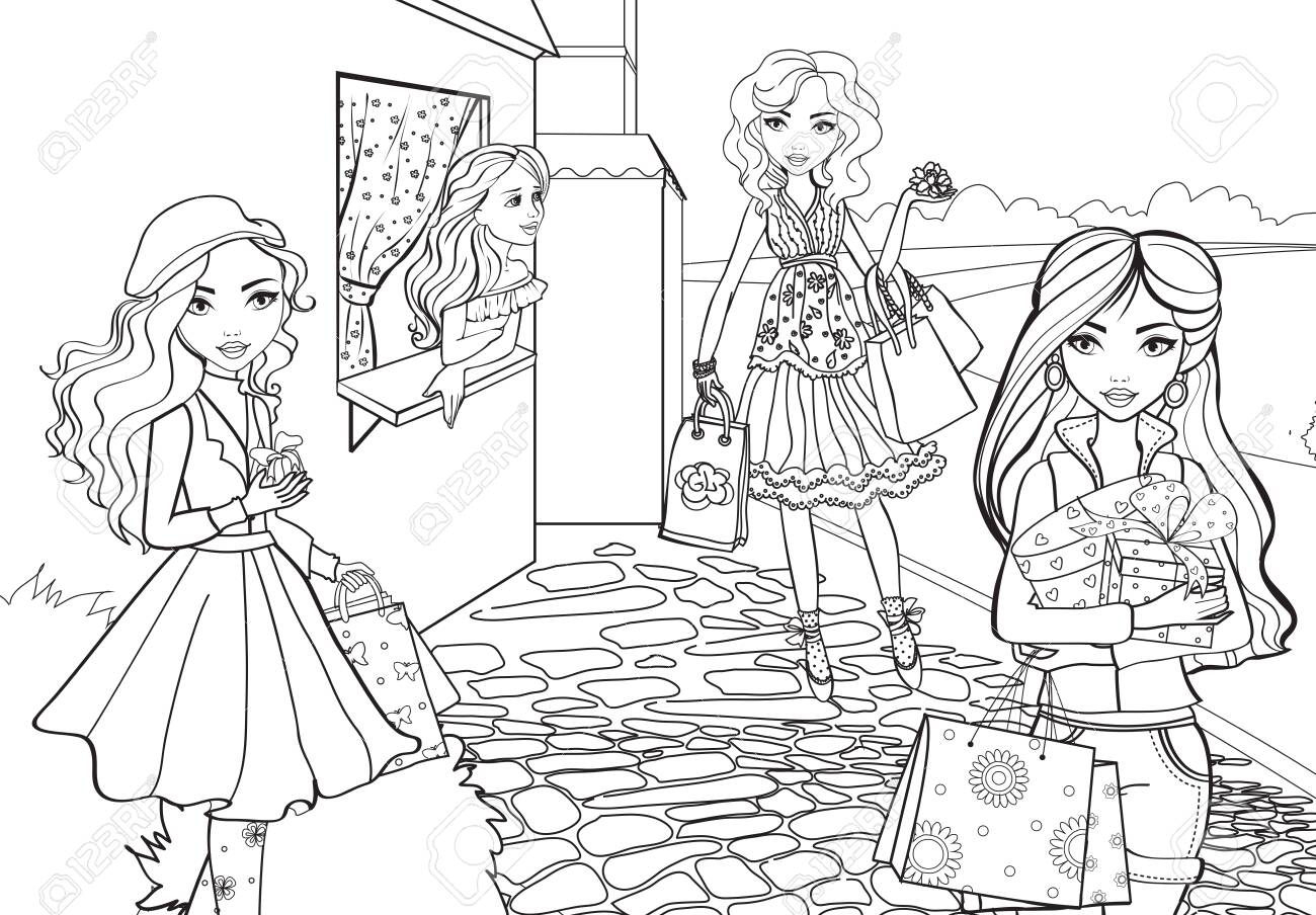 Coloring book of girls shopping around city stock photo picture and royalty free image image