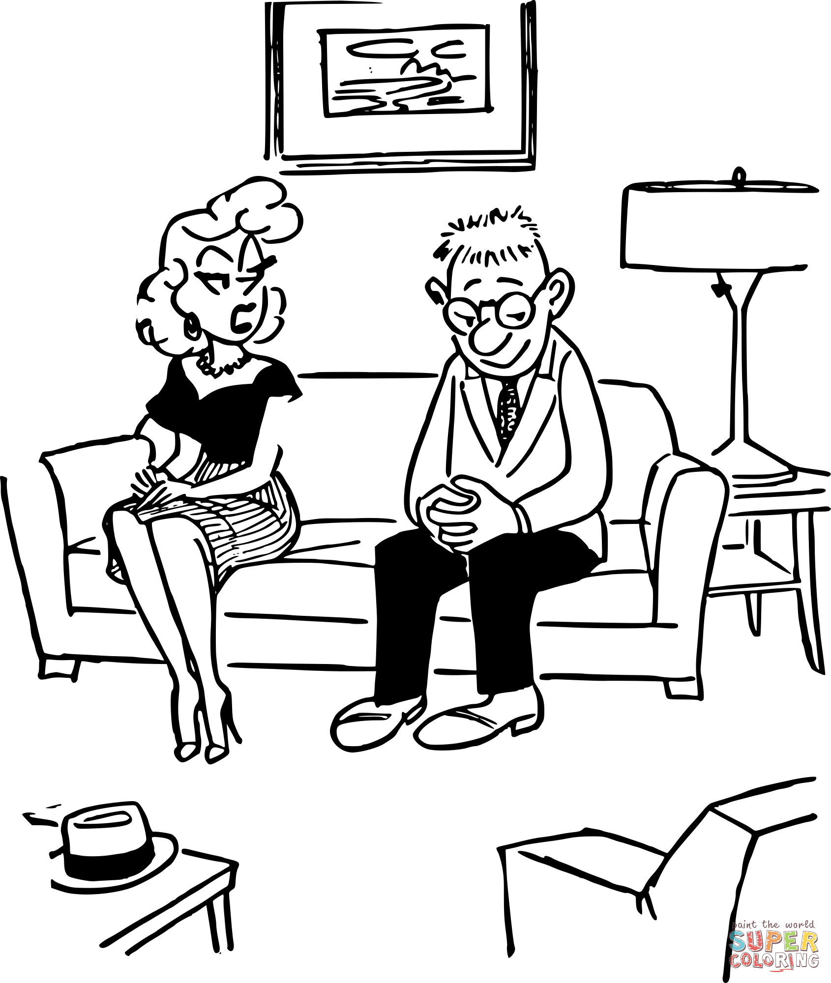 Vintage woman and shy guy coloring page free printable coloring pages