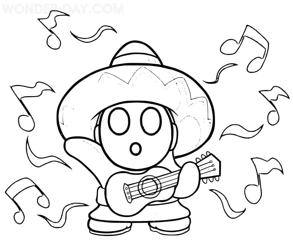 Shy guy mario is playing guitar coloring page