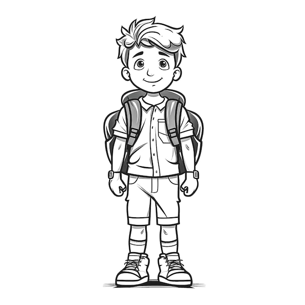 Premium photo fun kids coloring page simple black and white school boy illustration