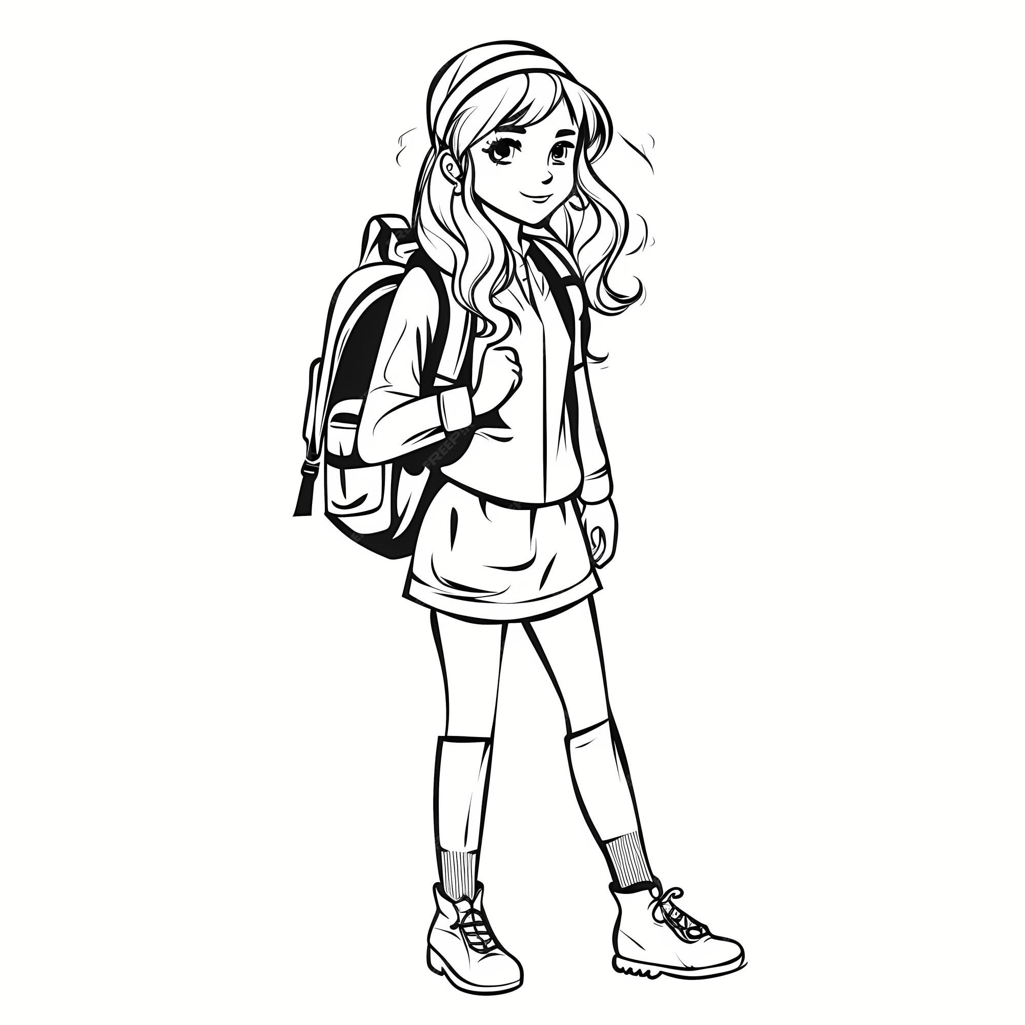 Premium photo fun kids coloring page simple black and white school girl illustration