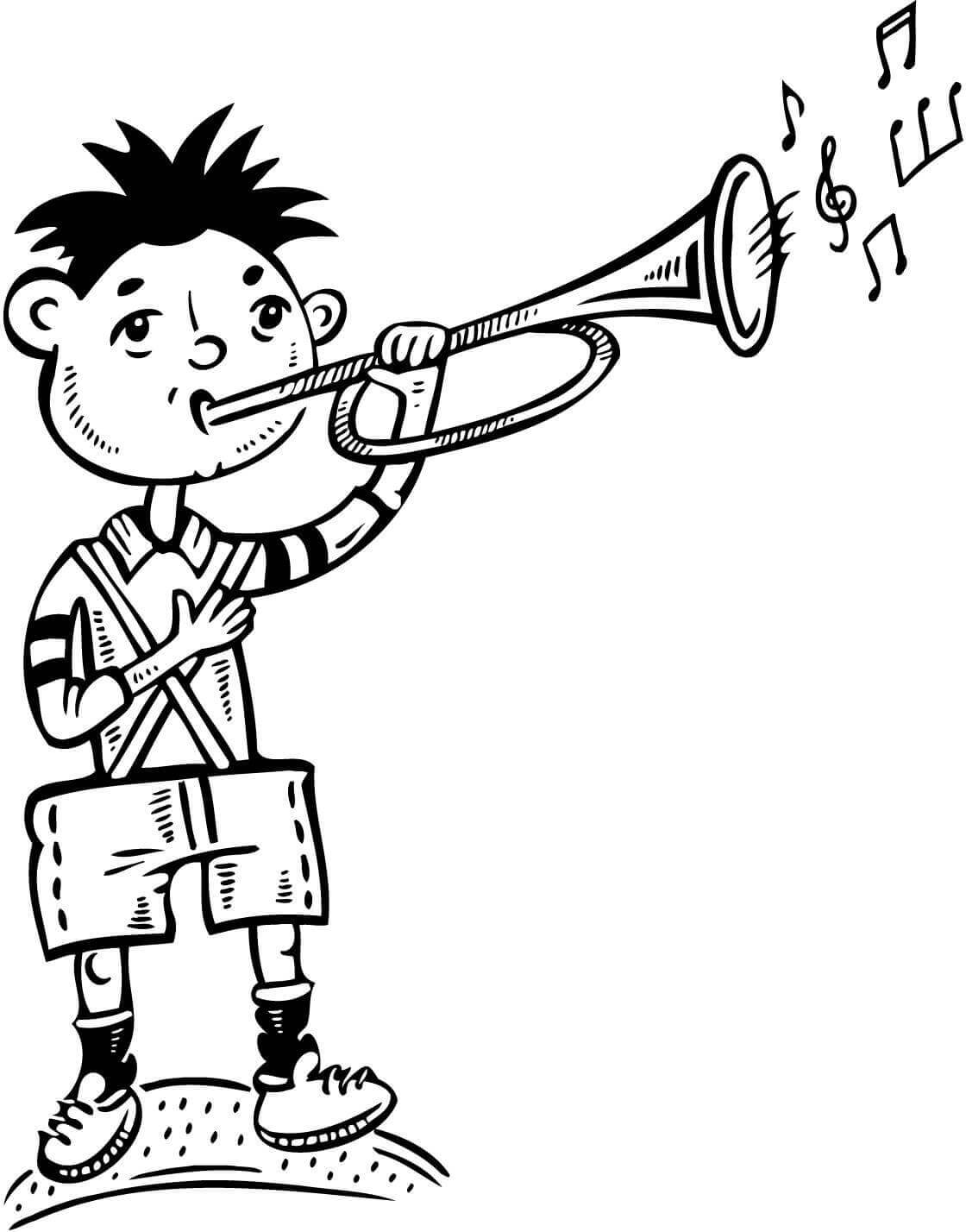 Basic boy playing the trumpet coloring page
