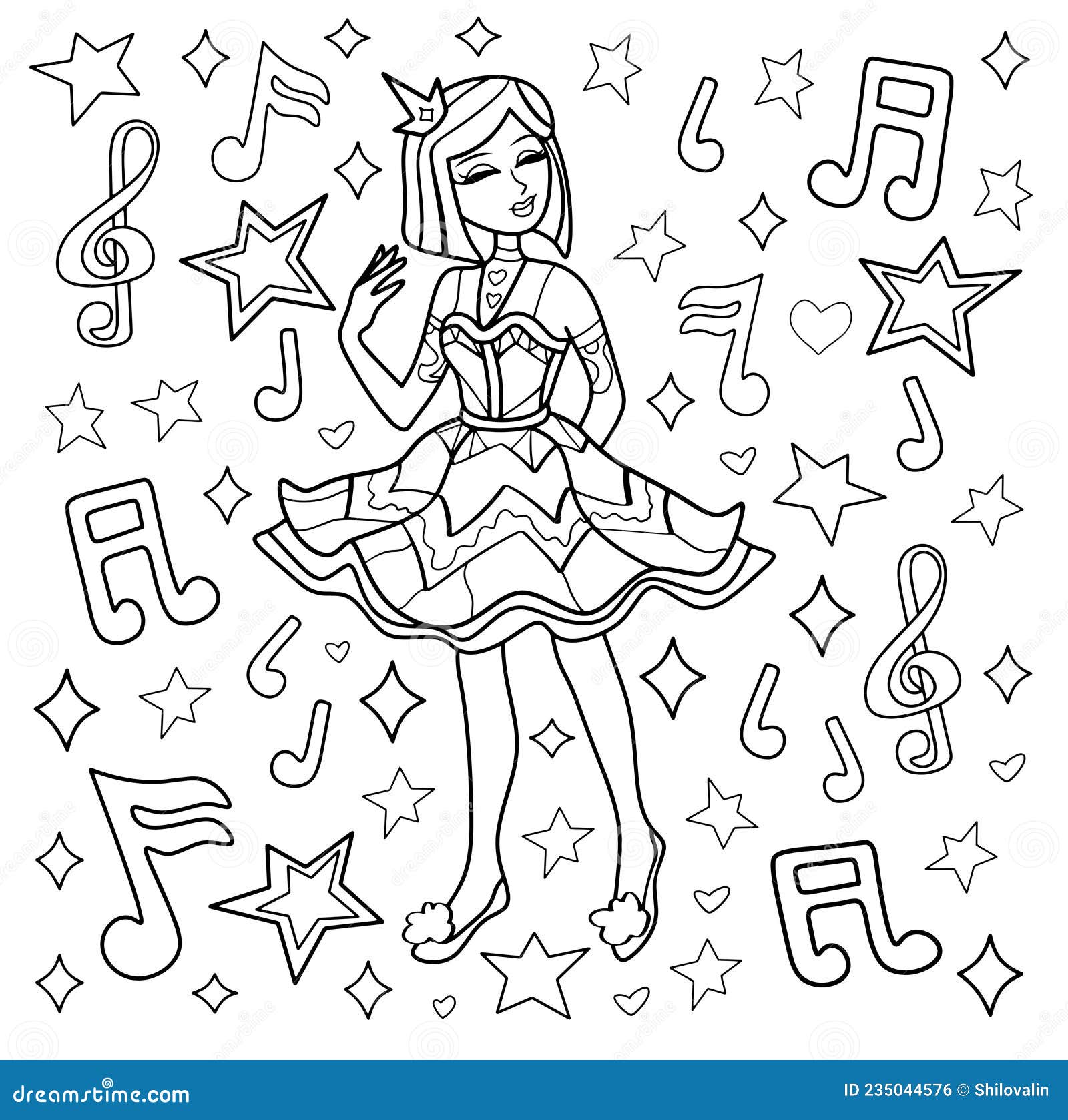 Coloring page for children and adults singer girl stock vector