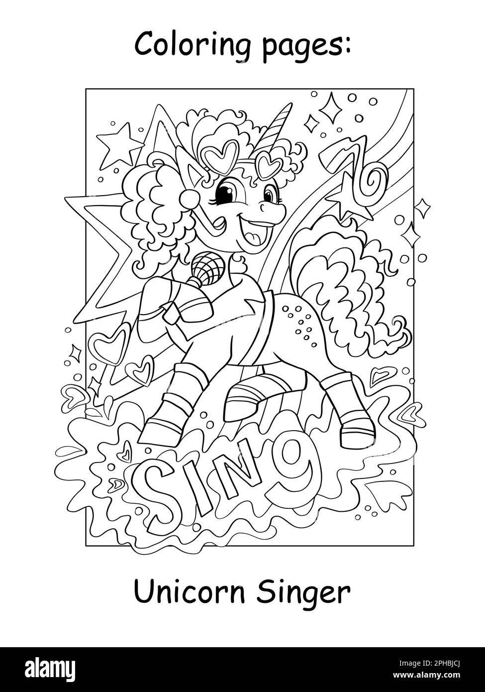 Cute beautiful unicorn pop star singer with lettering sing cartoon vector illustration kids coloring book page with color template for coloring ed stock vector image art