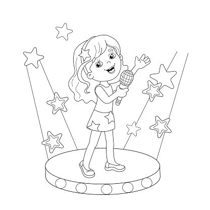 Coloring page outline of girl singing a song on stage stock clipart royalty