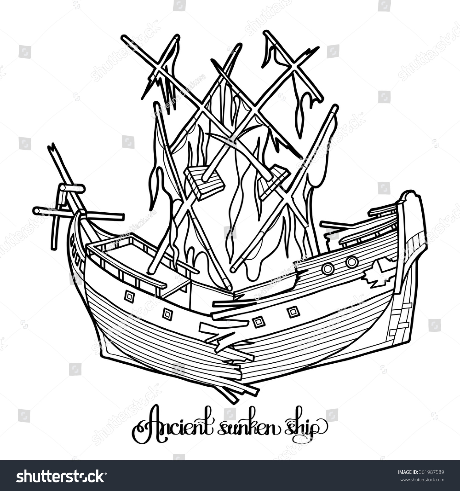 Hakuun ancient broken sunken ship graphic vector liittyvã vektorikuva rojaltivapaa