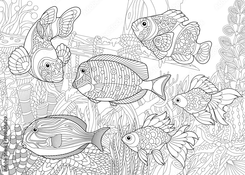 Coloring page of underwater world different fish species on the background of a sunken ship freehand sketch drawing for adult antistress coloring book in zentangle style vector