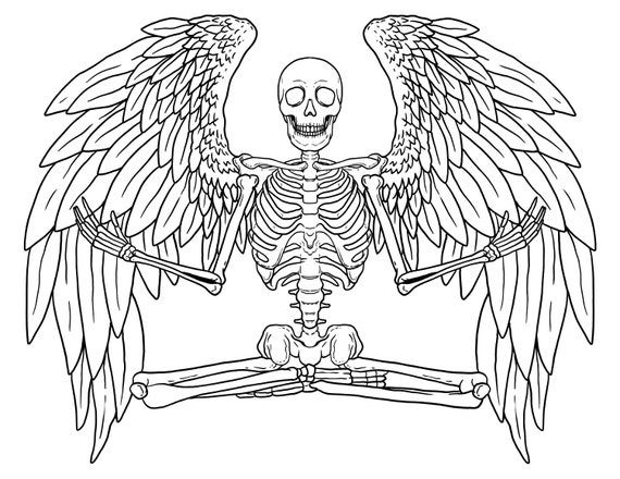 Printable fairycore skeleton digital download vintage goth halloween coloring page