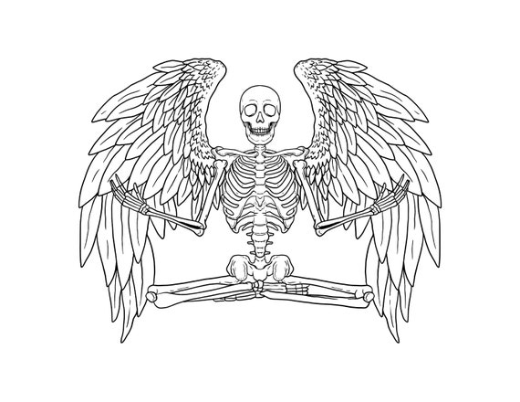 Printable fairycore skeleton digital download vintage goth halloween coloring page
