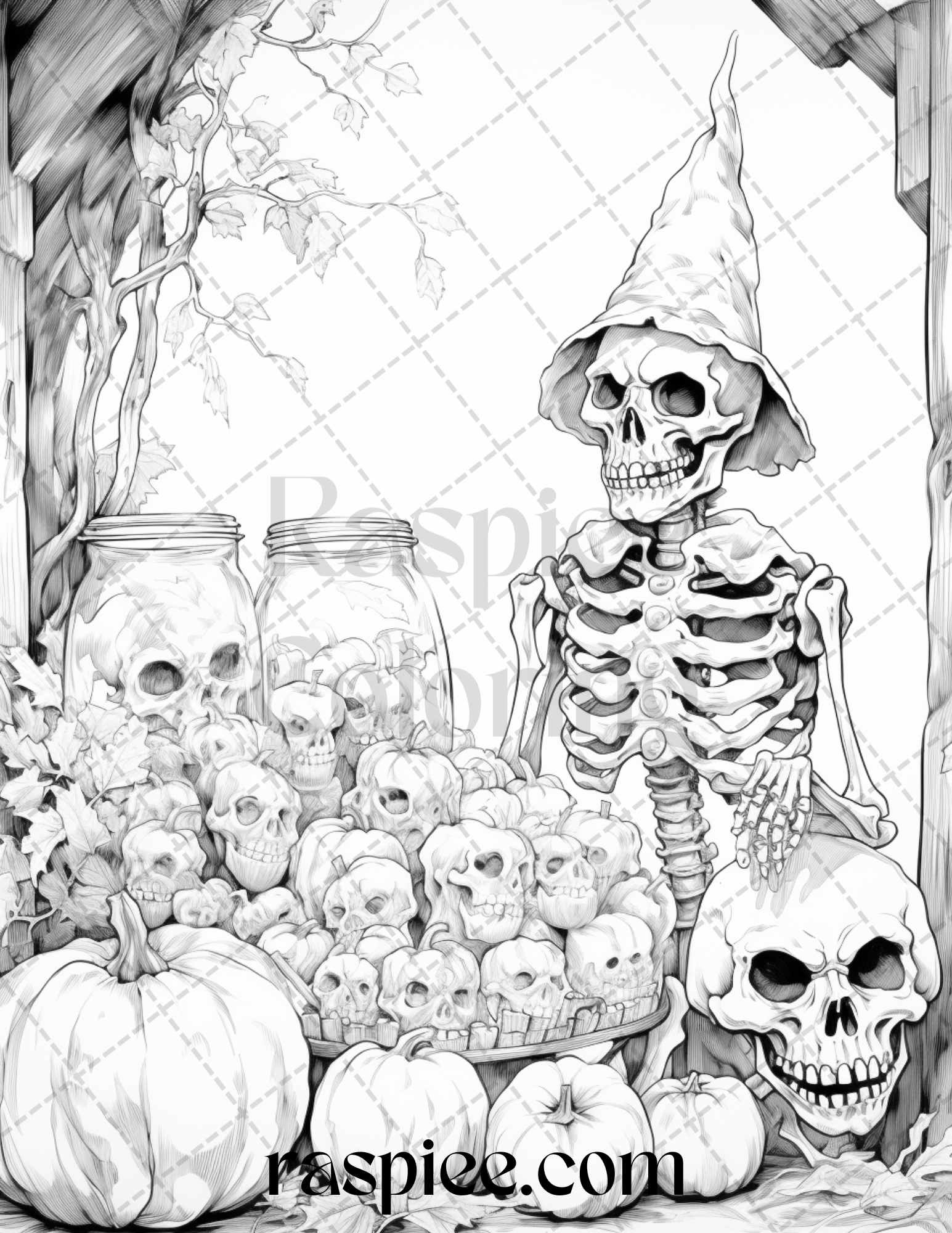 Vintage halloween trick or treat grayscale coloring pages printable â coloring