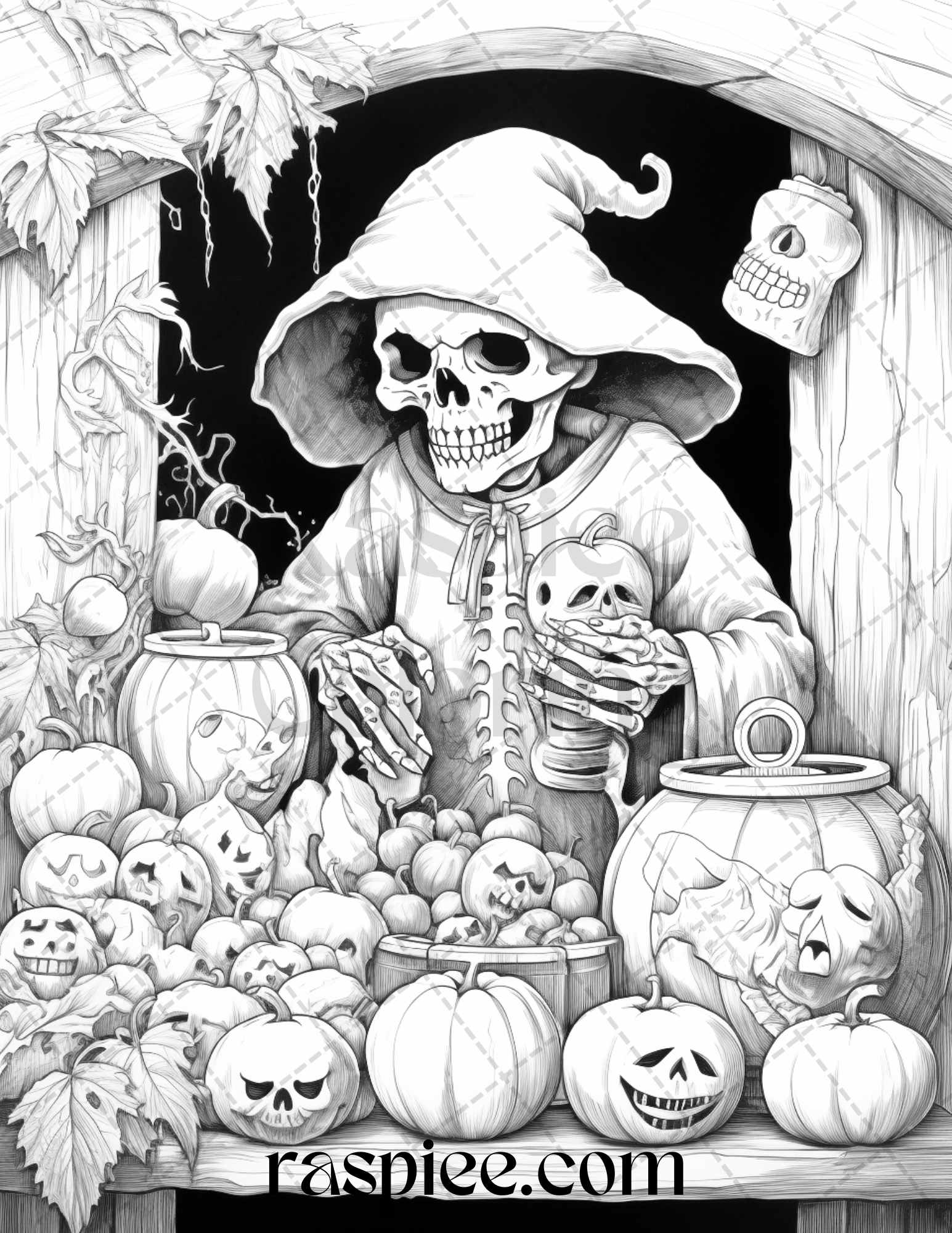 Vintage halloween trick or treat grayscale coloring pages printable â coloring