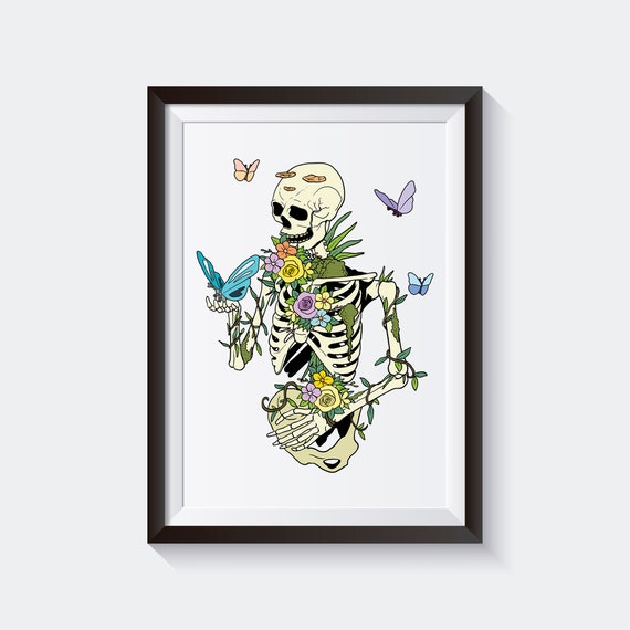 Printable fairycore skeleton skeleton and flowers digital download vintage goth coloring page