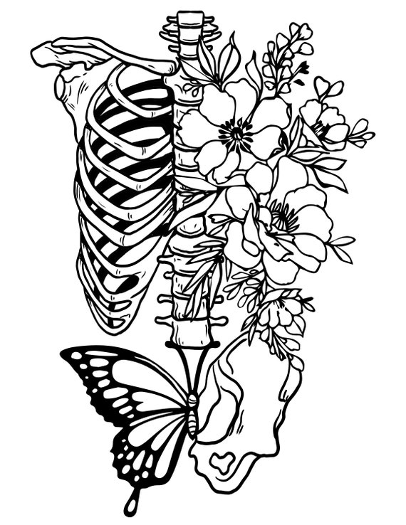 Printable fairycore skeleton skeleton and flowers digital download vintage goth coloring page