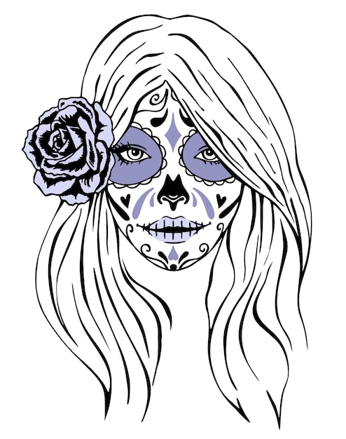 Premium vector day of dead makeup girl face in vintage monochrome style isolated illustration girl with skeleton
