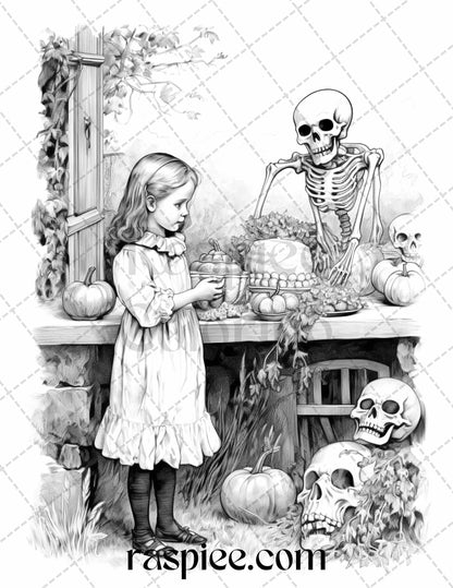 Vintage halloween trick or treat grayscale coloring pages printable â coloring