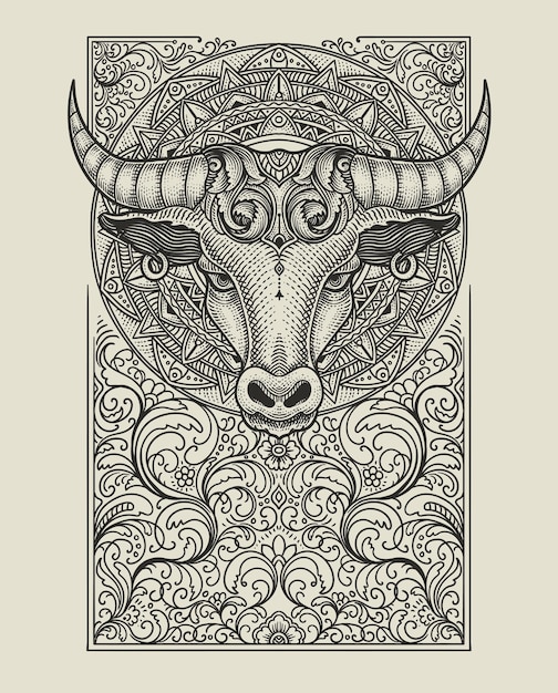 Premium vector demon skeleton bit the scales with vintage engraving ornament perfect for your t shirt