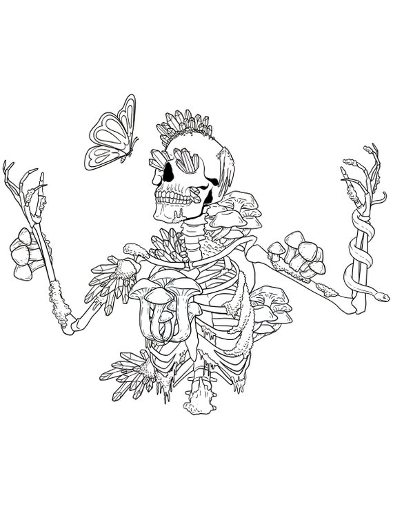 Printable fairycore aesthetic skeleton crystals crystals and mushrooms digital download vintage goth coloring page