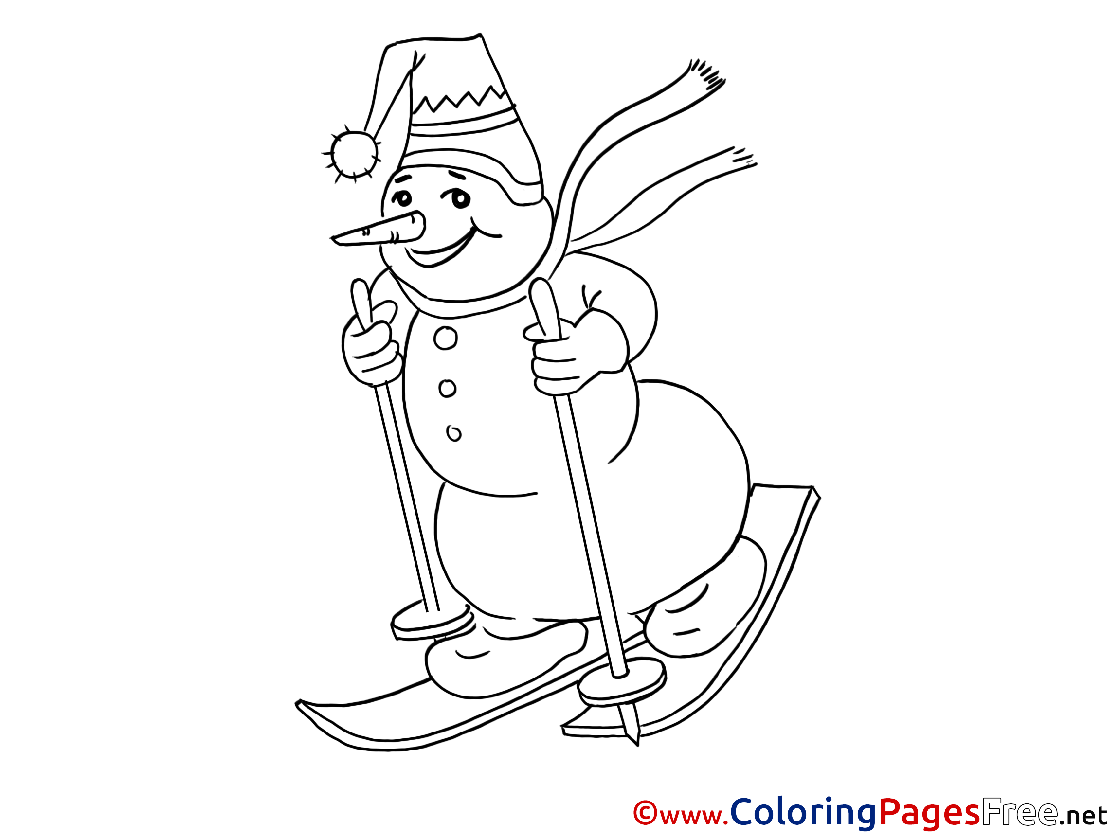 Ski snowman winter free colouring page