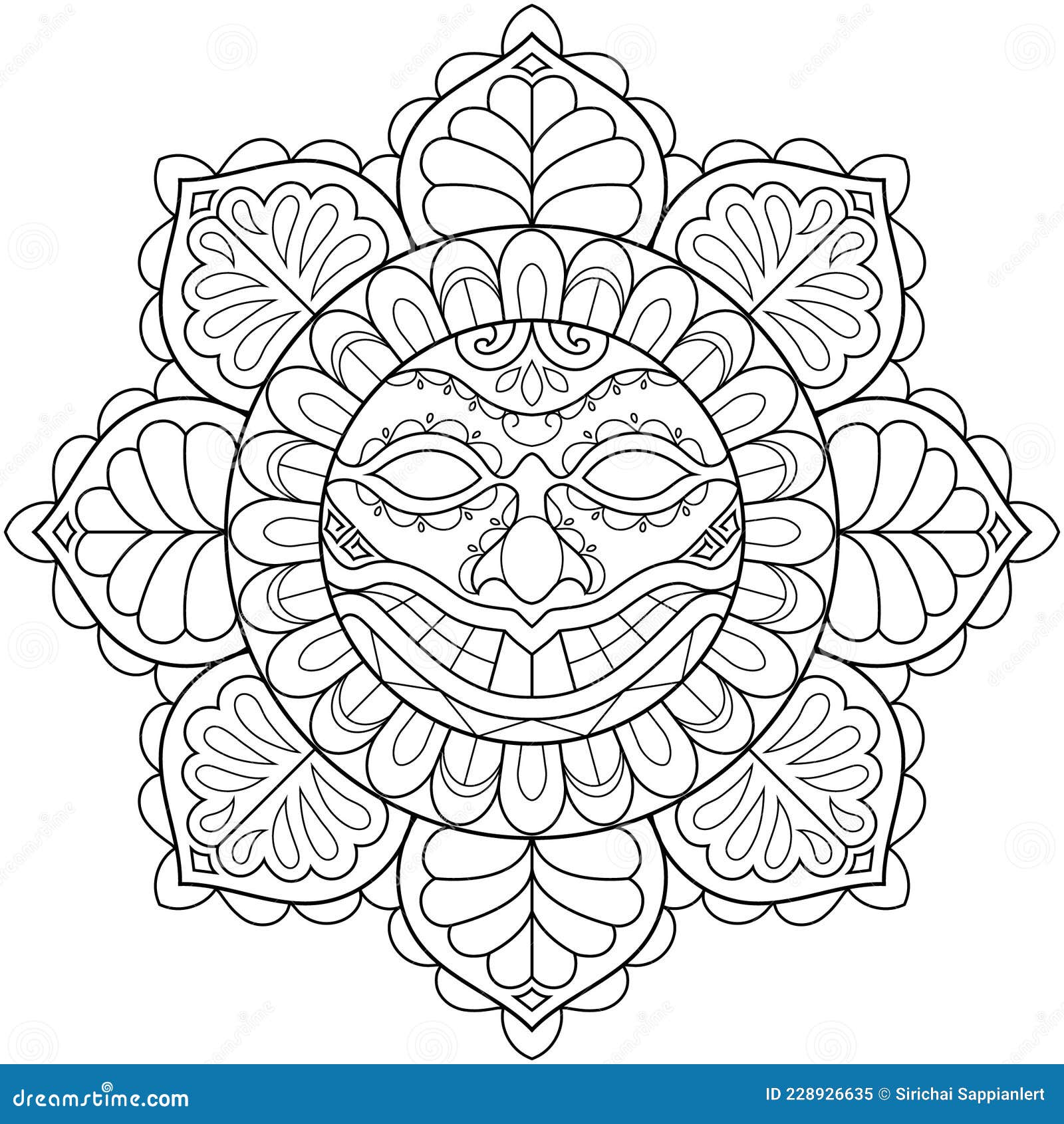 Sun mandalaskull mandalacoloring page stock vector