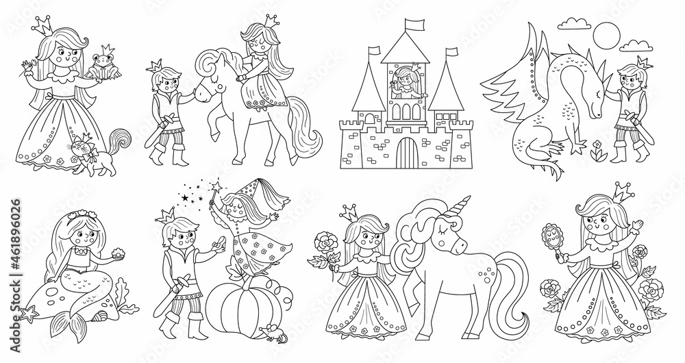 Fairy tale black and white vector princess set fantasy line girl collection medieval fairytale maid coloring page girlish cartoon magic icons pack with sleeping beauty frog prince vector
