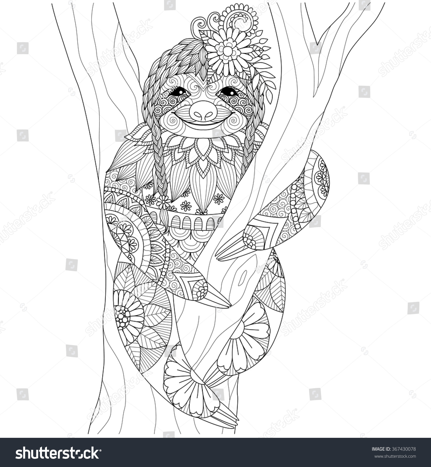Hakuun sloth zentangle design coloring book adult liittyvã vektorikuva rojaltivapaa