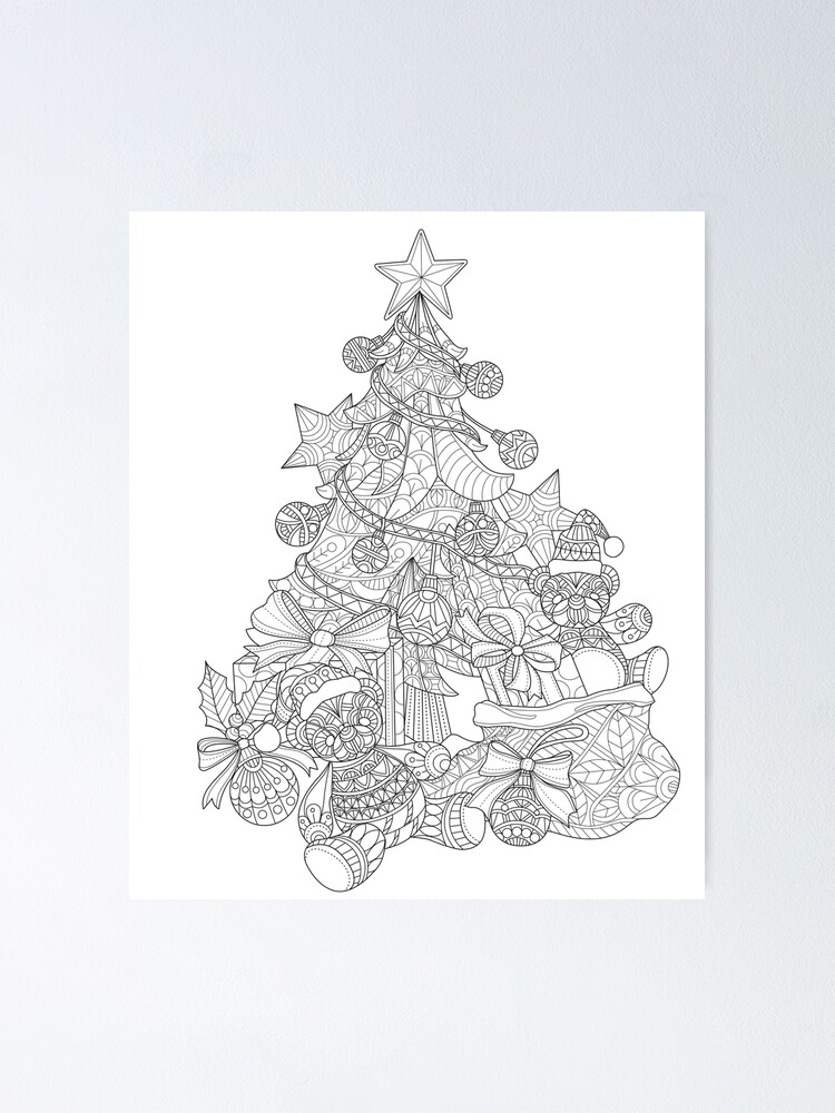 Christmas tree with ornaments color your own christmas poster for sale by ewynter