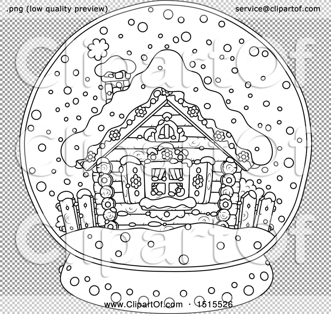 Clipart of a black and white winter cottage in a snow globe