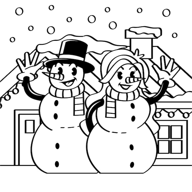 Premium vector coloring book mr and mrs snowman under the snowflakes vintage style cartoon character hand drawing