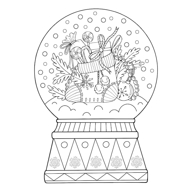 Premium vector coloring page snow globe thin line art a christmas gift winter decor hand drawn vector illustration isolated simple doodle element coloring book for children and adults