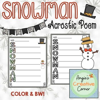 Snowman acrostic poem by angies creative corner tpt