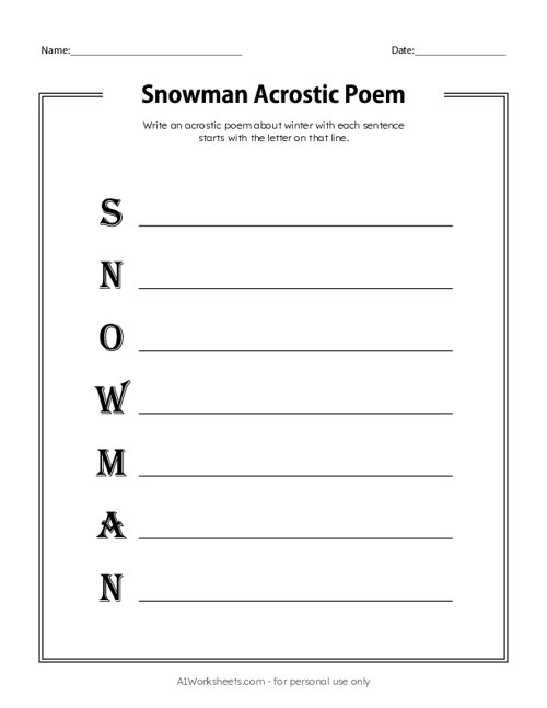 Snowman acrostic poem worksheet printable