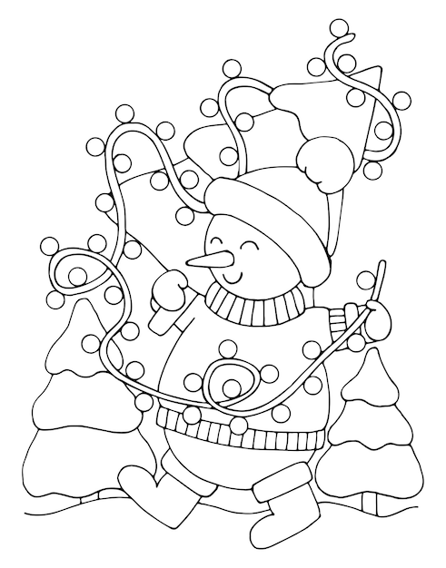 Premium vector winter coloring page with a snowman in a sweater and a hat in the forest carries a christmas tree decorated with a garland hand drawn vector thin line art