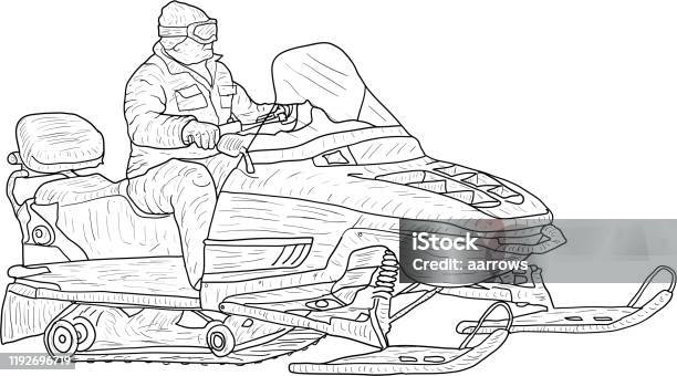 Snowmobile with driver silhouette sketch on white background stock illustration