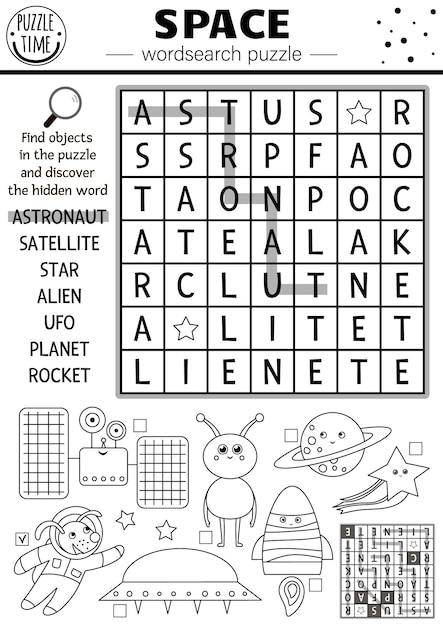 Premium vector vector black and white space wordsearch puzzle for kids simple astronomy crossword activity with ufo astronaut star planet rocket alien solar system cross word or coloring pagexa